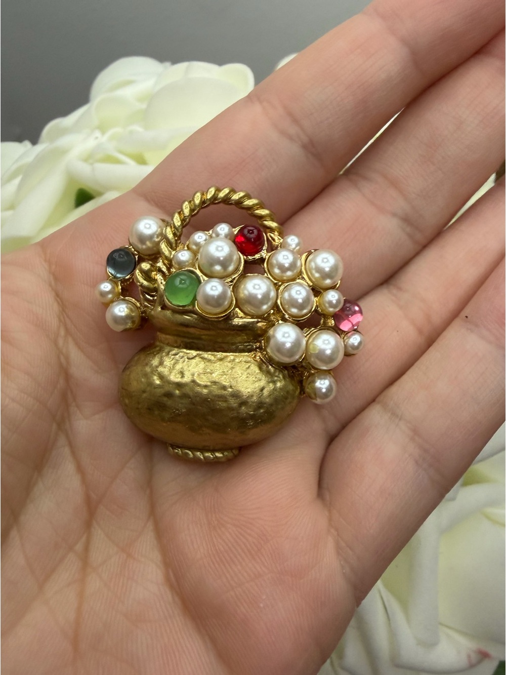 Vintage Gold-Tone Pearl & Multi-Stone Basket Brooch made in Italy 🇮🇹